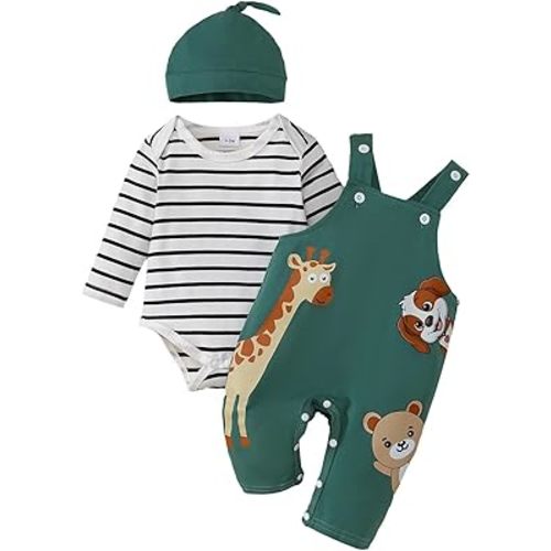 Baby Boy Clothes Fall Winter Outfits Infant Long Sleeve Striped Romper Cartoon Suspender Overalls 3 Pcs 0-18 Months