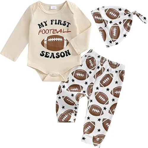 Newborn Baby Boy Football Outfit Letter Print Long Sleeve Football Romper Stripe Long Pants Hat Fall Winter Clothes