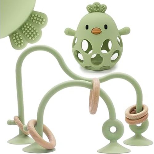 Baby High Chair Toys Teething Chew - Baby Suction Table Toys, Teething Silicone Teethers, Table, Food Grade Silicon for 6 12 18 Months (Green)