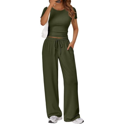 2 Piece Matching Summer Lounge Set Womens Side Ruching Top Wide Leg Pants Sets with Pockets
