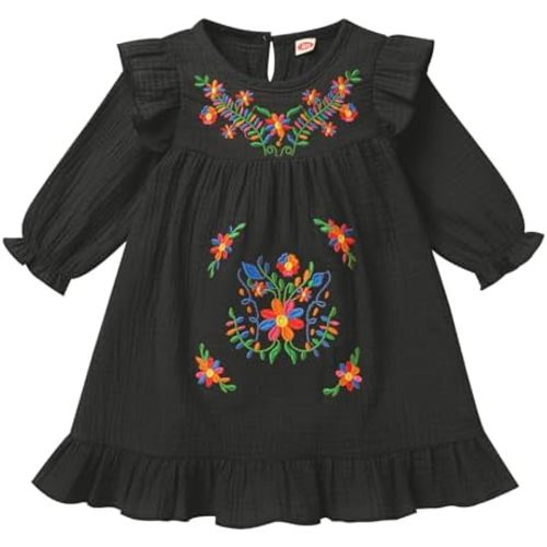 FYMNSI Baby Little Girl Mexican Ethnic Embroidery Floral Dress Casual Dresses Kids Long Sleeve Ruffle Beach Holiday Sundress