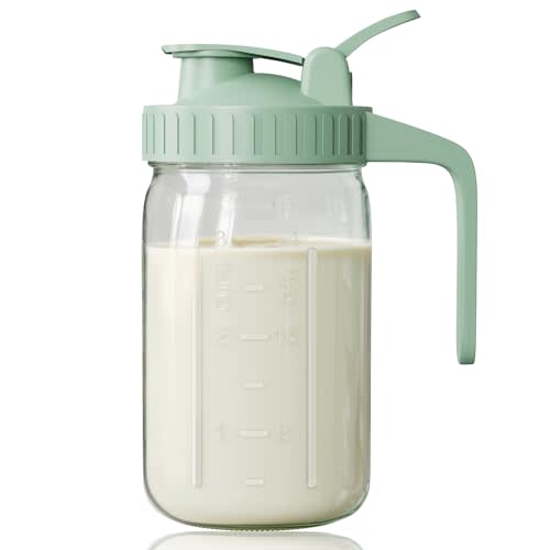 Breast Milk Pitcher, Mason Jar 32 oz, Heavy Duty Wide Mouth Jar with Green Flip Cap Lid and Pour Spout, Airtight Seal for Freshness and Convenience, Great for Cold Beverages and Home Entertaining