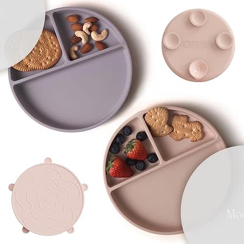 Moonkie Suction Plates for Baby | 100% Silicone BPA-Free Baby Plates with Lids and Food Cover | Divided Design | Microwave and Dishwasher Safe | Toddler Plates 2 Pack