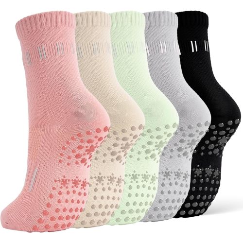 5 Pairs Pilates Socks Yoga Crew Socks with Grips for Women Non Slip