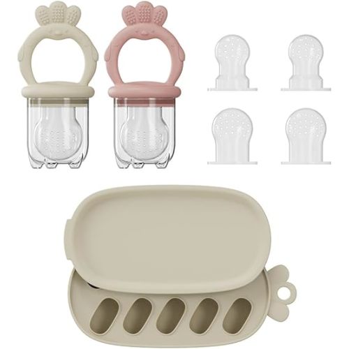 2 Pcs Baby Food Fruit Feeder with Freezer Tray Breastmilk Popsicle Molds Silicone Fruit Feeder for Self Feeding Teething Relief (Pink+Yellow)
