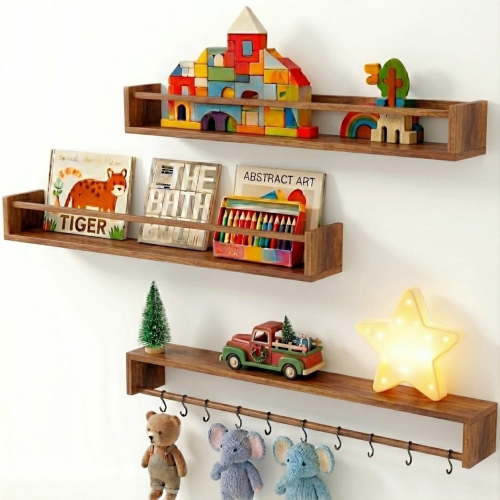 MEHOOM Book Shelves, 23.6 Inch Floating Bookshelves for Wall Set of 3, Rustic Farmhouse Decor, Solid Wood Wall Mounted Shelves for Books, Toys and Decor Storage