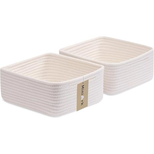 Small Square Shallow Baskets for Organizing, 9.7x9.7x4.3 Inch Rope Woven Storage Bins for Cubes Closet, Shelves Storage, Boho Decorative Basket, 2 Packs Off White