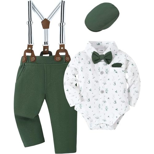 Baby Boy Outfits Suits Infant Formal Dress Clothes Gentleman Wedding Print Shirt+Beret Hat+Suspender Pants+Bowtie
