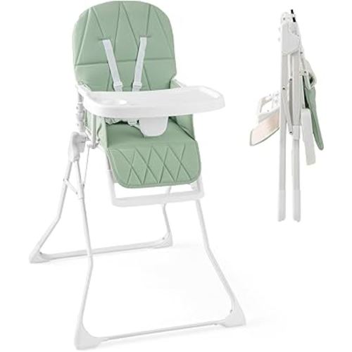 HONEY JOY High Chair, Foldable Baby Feeding Chair, Adjustable Tray & Footrest, Removable Easy-to-Clean PU Seat Cushion, 5-Point Harness, Cup Holder, Highchairs for Babies and Toddlers (Green)