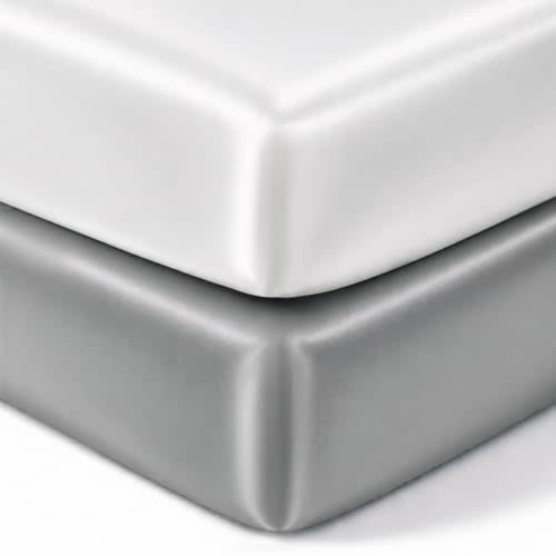 Pro Goleem Satin Mini Crib Sheets 2 Pack, Grey & White Silky Soft Fitted Sheet for Baby Hair Protection, 38"x24"x5" Breathable Mattress Cover Compatible with Pack n Play & Portable Crib