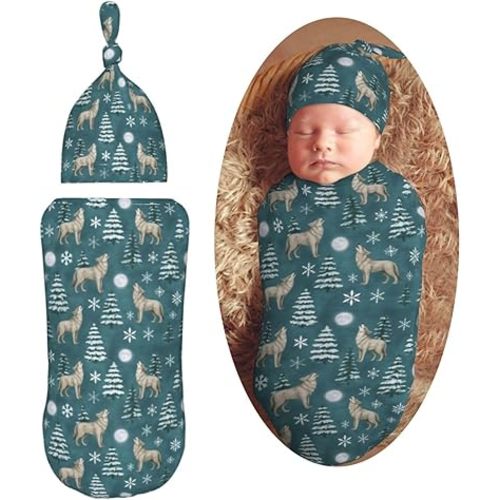 Winter Howl Wolf Snow Newborn Swaddle Blankets Hat Sets Soft Baby Receiving Blanket Swaddle Sack for Baby Shower Infant Boy Girl Gift