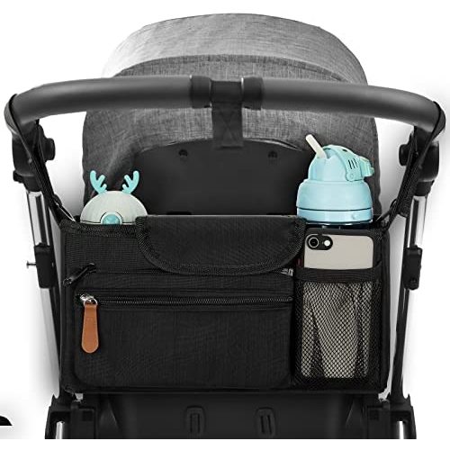 Universal Stroller Organizer, 2 Cup Holders & Detachable Bag with Shoulder Strap Stroller Bag for Bottle, Diaper, Phone, Toys, Baby Items, Design Fit All Strollers (Black)