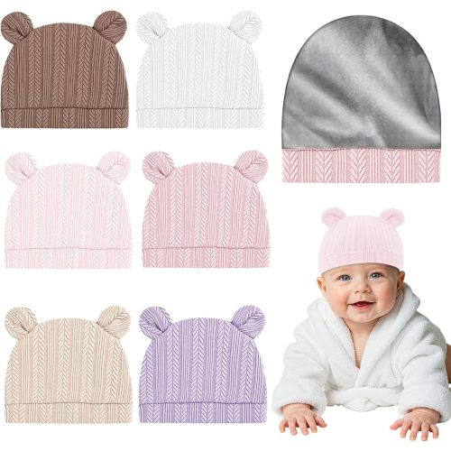 6 Pcs Satin Lined Baby Newborn Hats Baby Bonnets Sleepy Hat Newborn Hat with Cute Bear Ears Soft Silk Satin Lined Hats Hospital Caps 0-6 Months Girls Boys
