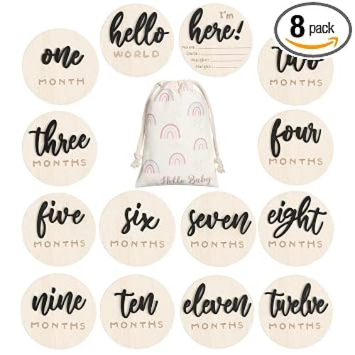 7 Pack 3D Baby Monthly Milestone Card Signs Baby Announcement Sign Double Sided Hello World Newborn Signs Wooden Circles Discs for Welcome Newborn Boy Girl Photo Props(Black,Letter)