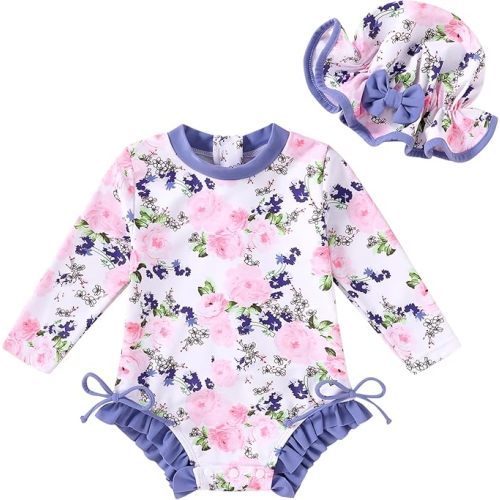 Infant Baby Swimsuit Girl Long Sleeve UPF 50+ Sun Protection One-Piece Rash Guard with Hat Zipper Bathing Suit