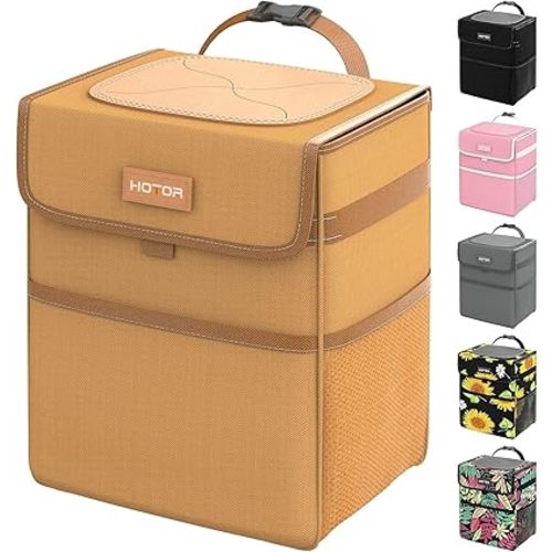 HOTOR Car Trash Can with Lid, Brown Trash Bag Hanging with Storage Pockets, 100% Leak-Proof Garbage Can with Adjustable Straps, Magnetic Snaps, Waterproof Interior Car Bin