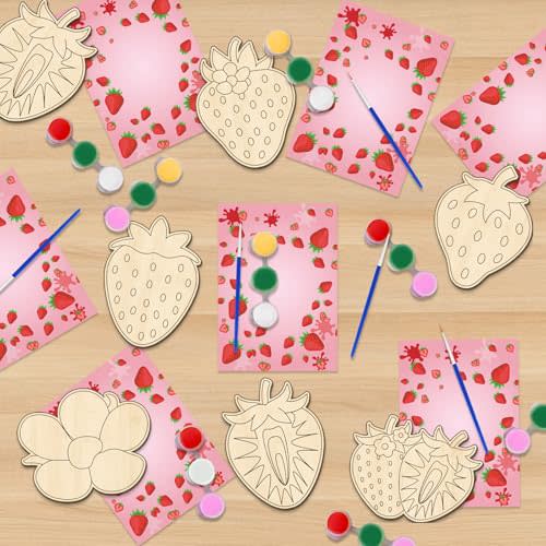 SYUCVQI 12Pcs Strawberry Wood Painting Crafts Berry Birthday Party Favors, Coloring Strawberry Craft Bulk for Student Gifts Art Activities Classroom Baby Shower Party Goodie Bags Decorations