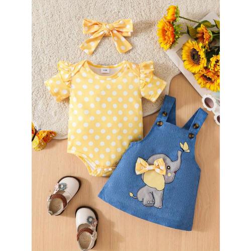 Baby Girl Cute Elephant Dress Set, Casual Short Sleeve Polka Dot Romper And Elephant Strap Dress, Suitable For Toddlers And Infants, Suitable For Outdoor | SHEIN USA