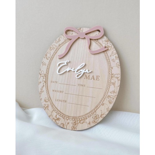 Girl Birth Name Sign Bow Hospital Announcement for Baby Girl Floral Birth Announcement Vintage Style Name Sign Announcement Plaque with Bow