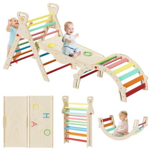 Pikler Triangle Set 7-in-1 Foldable Montessori Wooden Climbing Toys for Toddlers 1-5 Years Indoor Jungle Gym with Slide, Arch Ladder