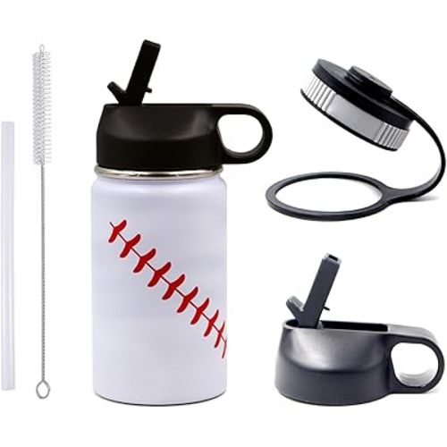 12 oz Baseball Water Bottle, Sports Flask Metal Travel Tumbler with 2 Lids, Stainless Steel Double Wall Vacuum Leak Proof Insulated Water Bottles, Baseball Accessories Gifts for Boys Girls 8-12 Player