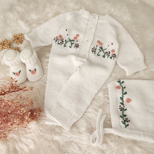 Handmade Rose Embroidered Knit Baby Romper with Booties & Hat