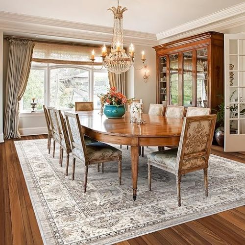 Washable Living Room Area Rug：8x10 Bedroom Rugs - Farmhouse Distressed Printed Floral Carpet - Foldable Non-Shedding Floor Carpet for Dining Room 8'x10' Beige