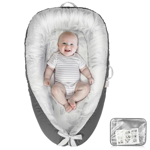 Baby Lounger - Babies Nest for Newborn, Breathable & Soft Organic Cotton Lounger, Portable Baby Lounger for Home & Travel, Ideal Newborn Essentials, Grey Leaves