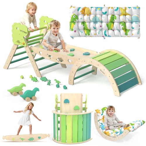 KidsBuddy 9 in 1 Pikler Triangle Set Climbing Toys for Toddlers 1-3 Indoor, Montessori Toys Playground Climbers, Wooden Climbing Toys with Cushion, Maze, Shape Sorting Toys, Dinosaur Car