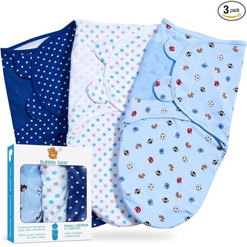Bubble bear 3 Pack Baby Swaddle 0-3 Months - Infant Adjustable Newborn Swaddles Blanket Baby Girl Boy, Swaddling Wrap Blanket Sleep Sack for Newborn-Blue