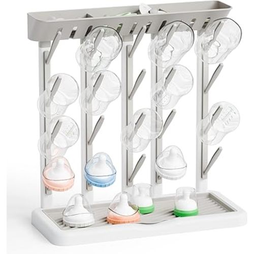 Yieach Larger Baby Bottles Drying Rack for 20 Bottles,Space Saving Feeding Drying Rack for Baby Bottles for Countertop,Vertical Baby Bottle Holder & Storage Station for Pacifiers,Breast Pump,Grey