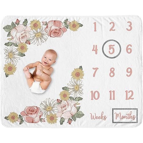 Sweet Jojo Designs Vintage Floral Boho Girl Milestone Blanket Monthly Newborn First Year Growth Mat Baby Shower Memory Keepsake Gift Picture - Blush Pink Yellow Green Shabby Chic Rose Flower Farmhouse