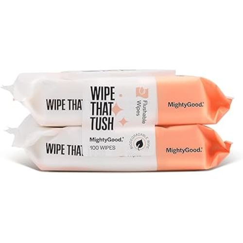 MightyGood. Wipe That Tush Flushable Wipes - 2 Packs of 50, 100 Total - Hypoallergenic & Fragrance-Free With Aloe - Septic-Safe