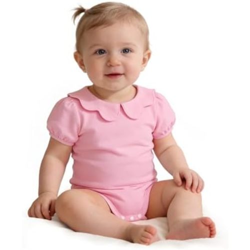 LYSMuch 0-24Mo Baby Girls Peter Pan Collar Bodysuit Toddler Ruffle Romper Short Sleeve Solid Color Clothes