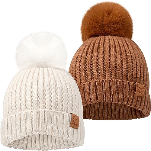 2-Pack Baby Hats for Girls, Boys - Stretchy Baby Beanies, Cute Newborn & Toddler Winter Hat, Soft & Warm Pom Pom Beanie for Infant, Toddler, Boys, Girls 6-36 Months (Rust, M)