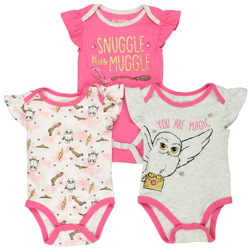 Harry Potter Baby Girls Bodysuit One Piece Three Pack Gifts for Baby Girls Pink Multi, 0-3 Months