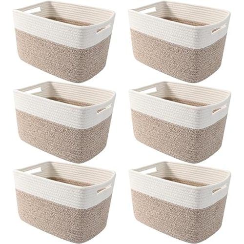 6 Pack Woven Rope Baskets,12.6"×9"×7.8" Storage Bins for Toys/Books/Towels/Clothes Organizer & Shelf Boxes,Gifts Baskets Empty for Nursery/Living Room/Nursery/Bedroom/Home Decor,White&Brown