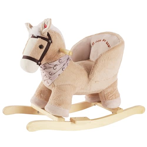 Rock My Baby Rocking Horse, Baby Animal Rocking Horse with Seat, Ride on Horse, Plush Rocking Horse with Realistic Sound, Wooden Rocking Horses Ages 1-3 (Caramel Color Horse), CPC Certified