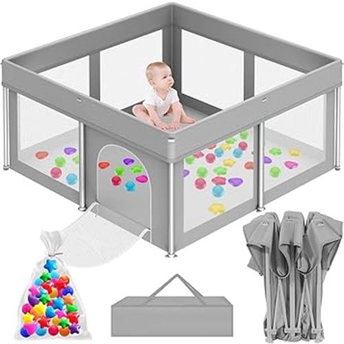 Foldable Playpen for Babies and Toddlers, 50"×50" Portable Playard with Carry Bag & 50 Ocean Balls, Indoor & Outdoor Baby Fence with Thick Mesh, No Assembly Required, Mat Not Included, Grey