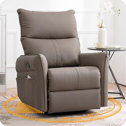 Swivel Rocker Recliner Chair, Upholstered 360° Fabric Leather Glider Rocker Chair for Nursery, Manual Small Recliners for Small Spaces Living Room Weight Capacity 300lbs