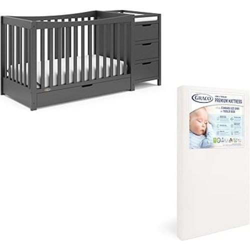 Graco REMI Convertible Crib & Changer with Premium Foam Crib and Toddler Mattress - Gray