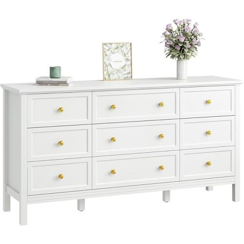 CARPETNAL 9 Drawer White Dresser for Bedroom with Deep Drawers, Large Dressers & Chest of Drawers With Gold Handle, Modern Long Dressers for Closet Bedroom, Living Room (59.25" W x 15.75" D x 30.9" H)