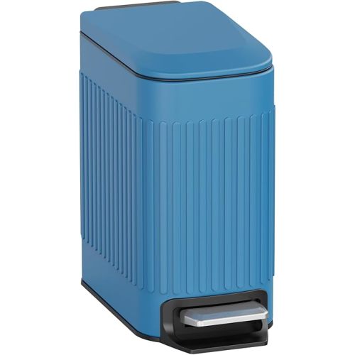 TrashAid Slim Bathroom Trash Can with Lid Soft Close, 6 Liter/1.6 Gallon Stainless Steel Small Garbage Can with Removable Inner Bucket, Step Pedal, Slim Wastebasket for Toilet, Office, Bedroom, Blue