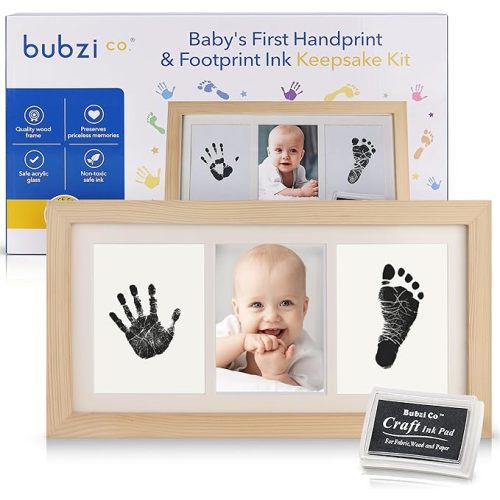 Bubzi Co Baby Handprint Kit & Footprint Photo Frame for Newborn Girls and Boys, Unique Baby Shower Gifts Set for Registry, Memorable Keepsake Decorations for Room Wall or Nursery Decor (Natural Wood)