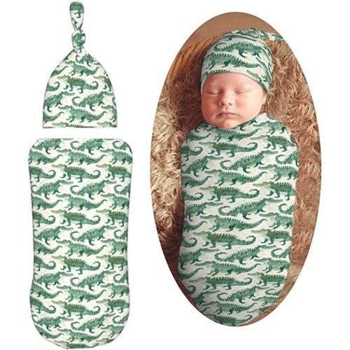 Watercolor Crocodiles Newborn Swaddle Blankets Hat Sets Soft Baby Receiving Blanket Swaddle Sack for Baby Shower Infant Boy Girl Gift