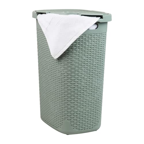 Mind Reader Slim Laundry Hamper with Lid, 60L Clothes Basket, Premium Wicker Design, Plastic, Mint