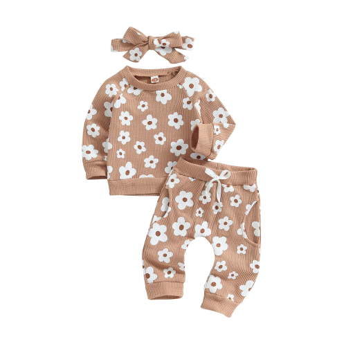 Loicainy Baby Toddler Girl 2Pcs Fall Spring Clothes Set 6 12 18 24 Months Flower Print Long Sleeve Crewneck Tops Pants Bow Headband Outfit