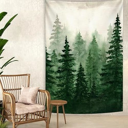 Flysea Green Mountain Tapestry Misty Foggy Forest Watercolor Tree Landscape Art Wall Hanging Nature Scenery Vertical Small Large Long Aesthetic for Bedroom Living Room Backdrop Decor 40×60 inch