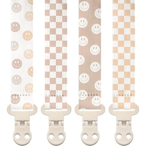 Stadela Baby Pacifier Clip Holder - Girl or Boy Unisex 4 Pack Gift Set - Retro Checker and Smiley Faces Design