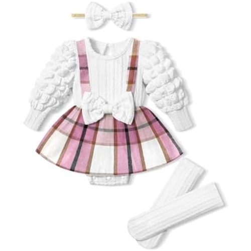Queenstyle Baby Girl Clothes Dress Fall Winter Outfits Set Puff Sleeve Plaid Romper with Headband Stockings